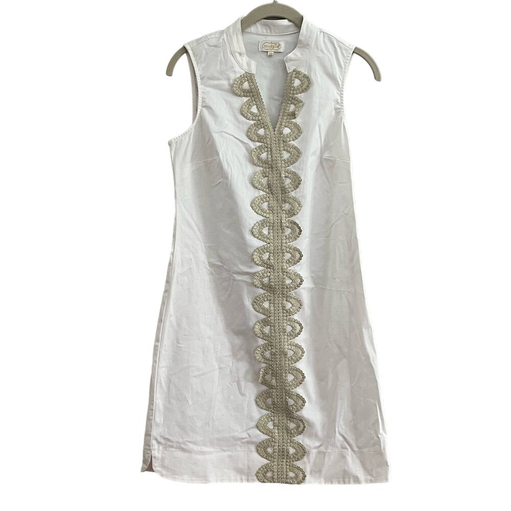 Mudpie Ivory Sleeveless Shift Cotton Blend Dress with Gold trim Size XS